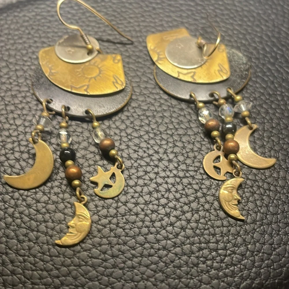 Vintage handmade stamped brass celestial style dangle drop earrings